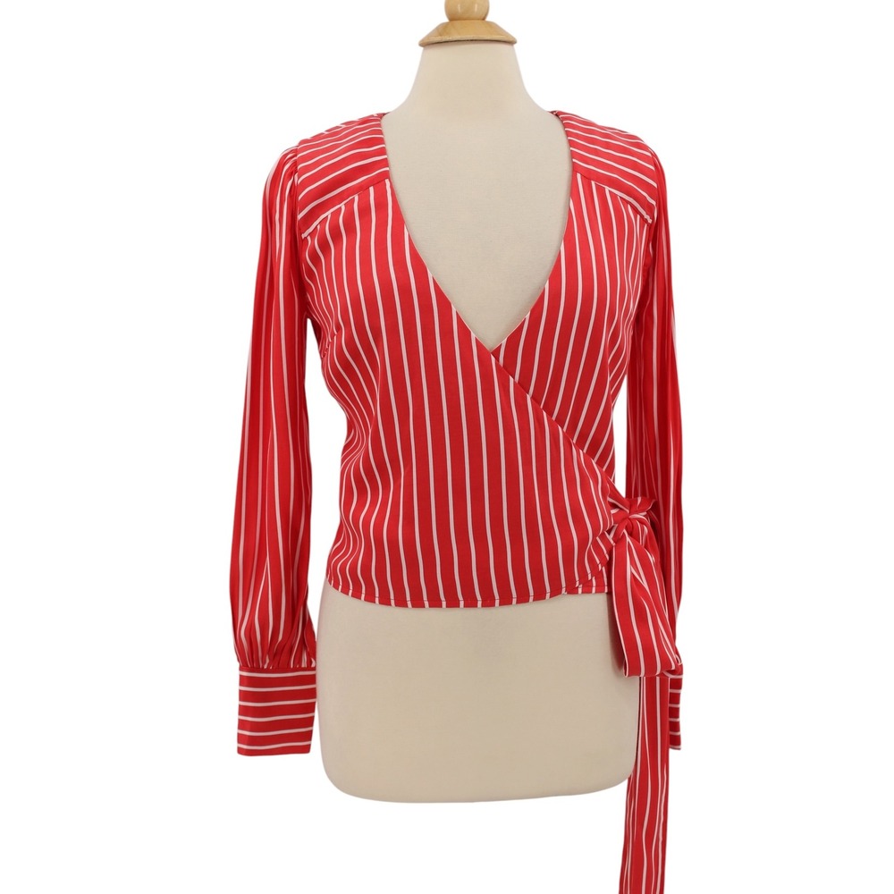 Lovers and Friends Striped Wrap Blouse Small Red White Satin V-Neck Long Sleeve‎